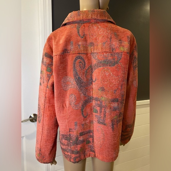 Chico's Coral Print Brushed Fabric Jacket Metal Buttons Sz 12 (Chico's 2) - Picture 2 of 5